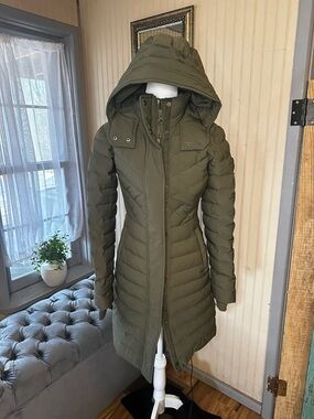 Abercrombie & Fitch Long Puffer Coat Women XXS Green Hooded Down Jacket Parka